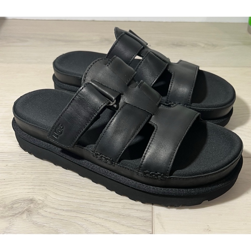 NEW UGG GOLDENSTAR HI SLIDE LEATHER BLACK PLATFORM SANDALS Sz 8 - Picture 3 of 10